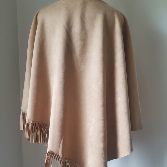 Southwestern Fall Poncho Women's Size XL Fringed Trim Neutral Faux Suede Boho - Picture 5 of 13